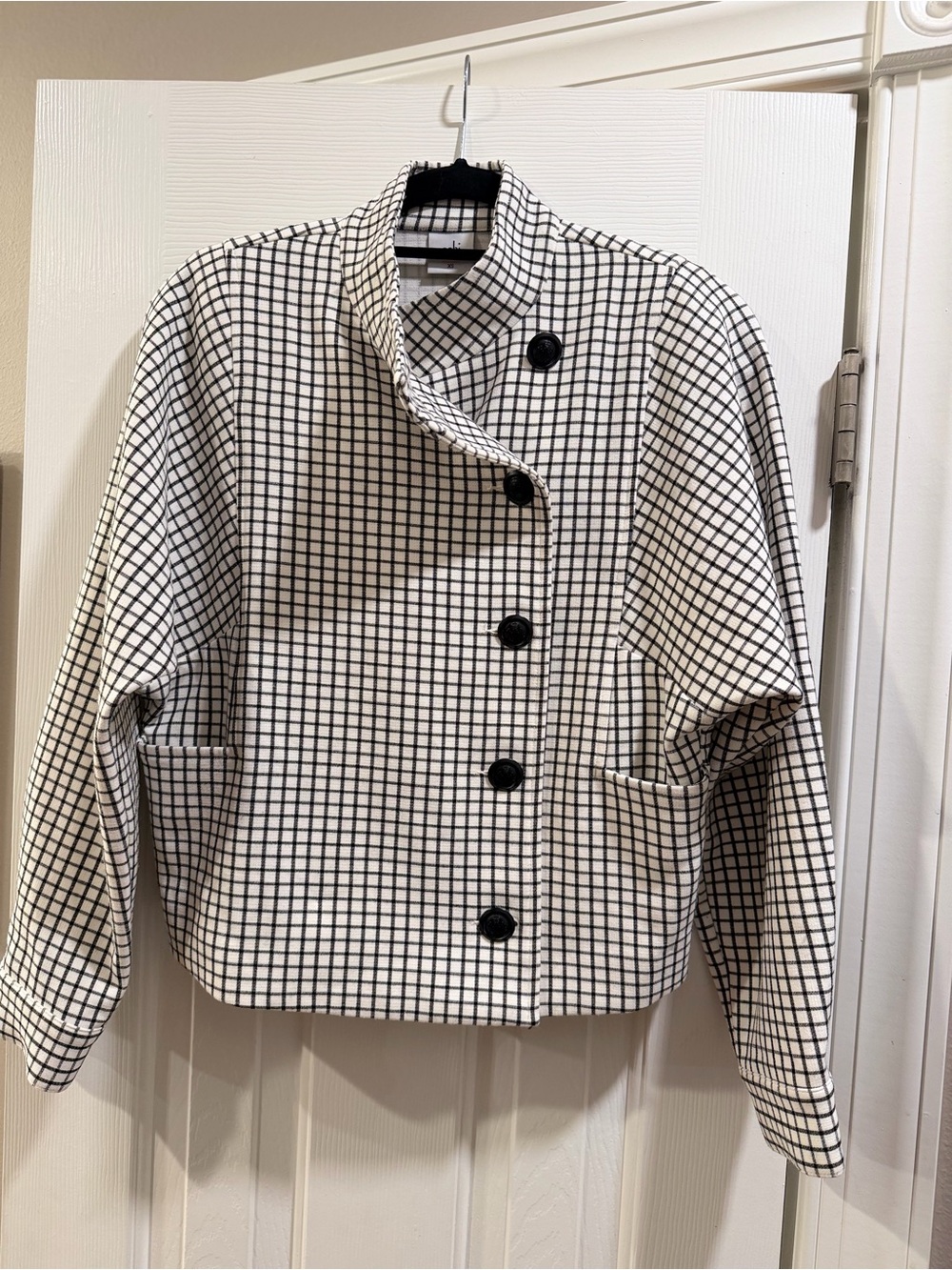 CAbi Black & White Grid Cropped Pea Coat jacket - Size XS